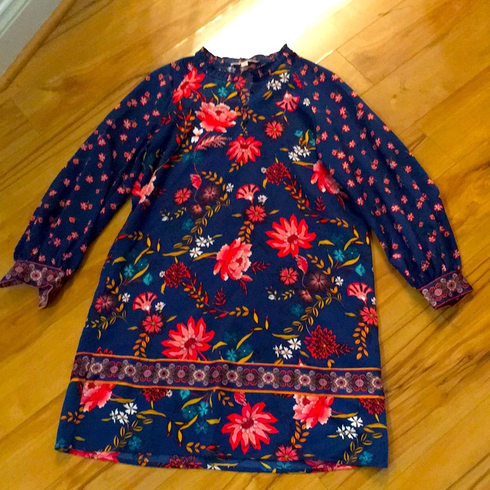 Loft Size S Blue Floral Long Sleeve Dress